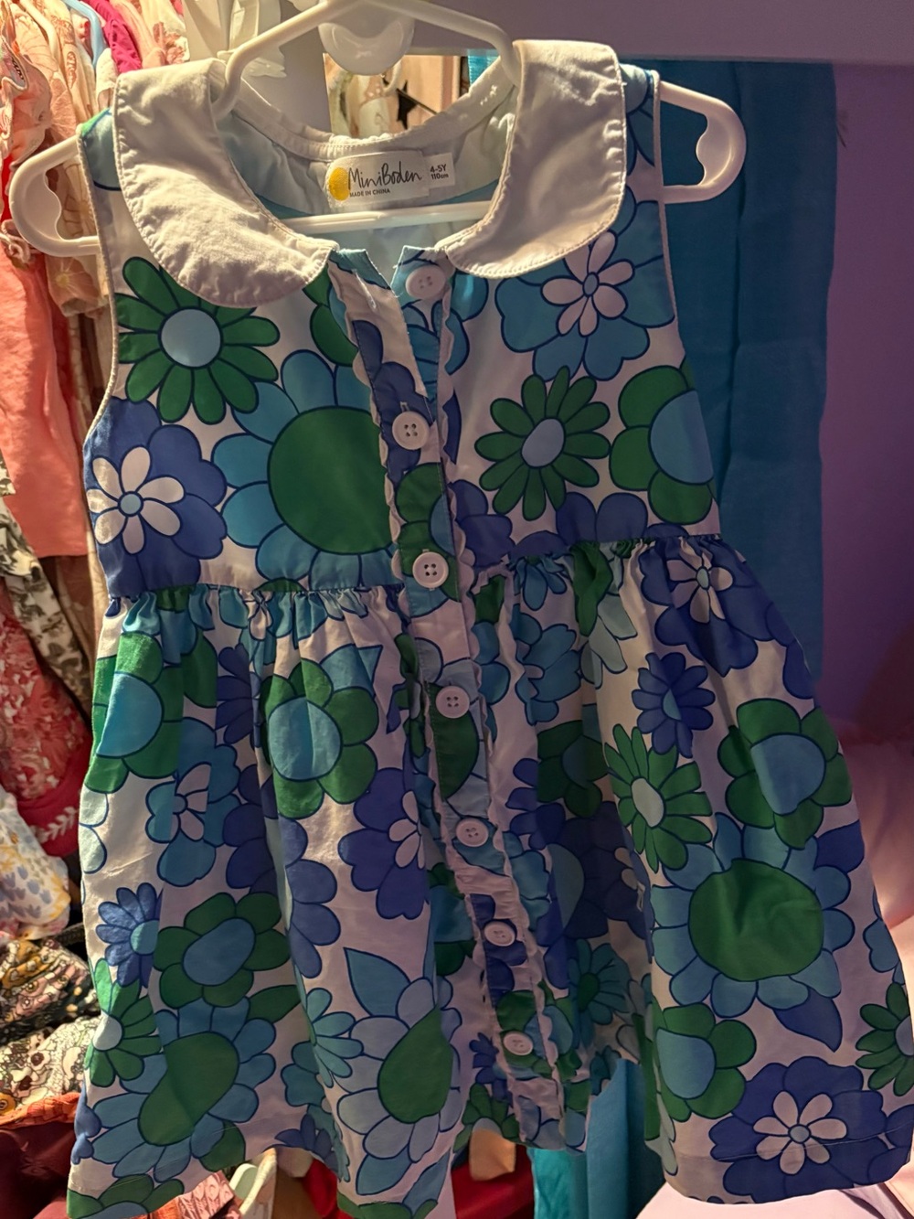 Mini Boden 4-5 Year Blue, Green and White Floral Button-Front Dress READ PLEASE
